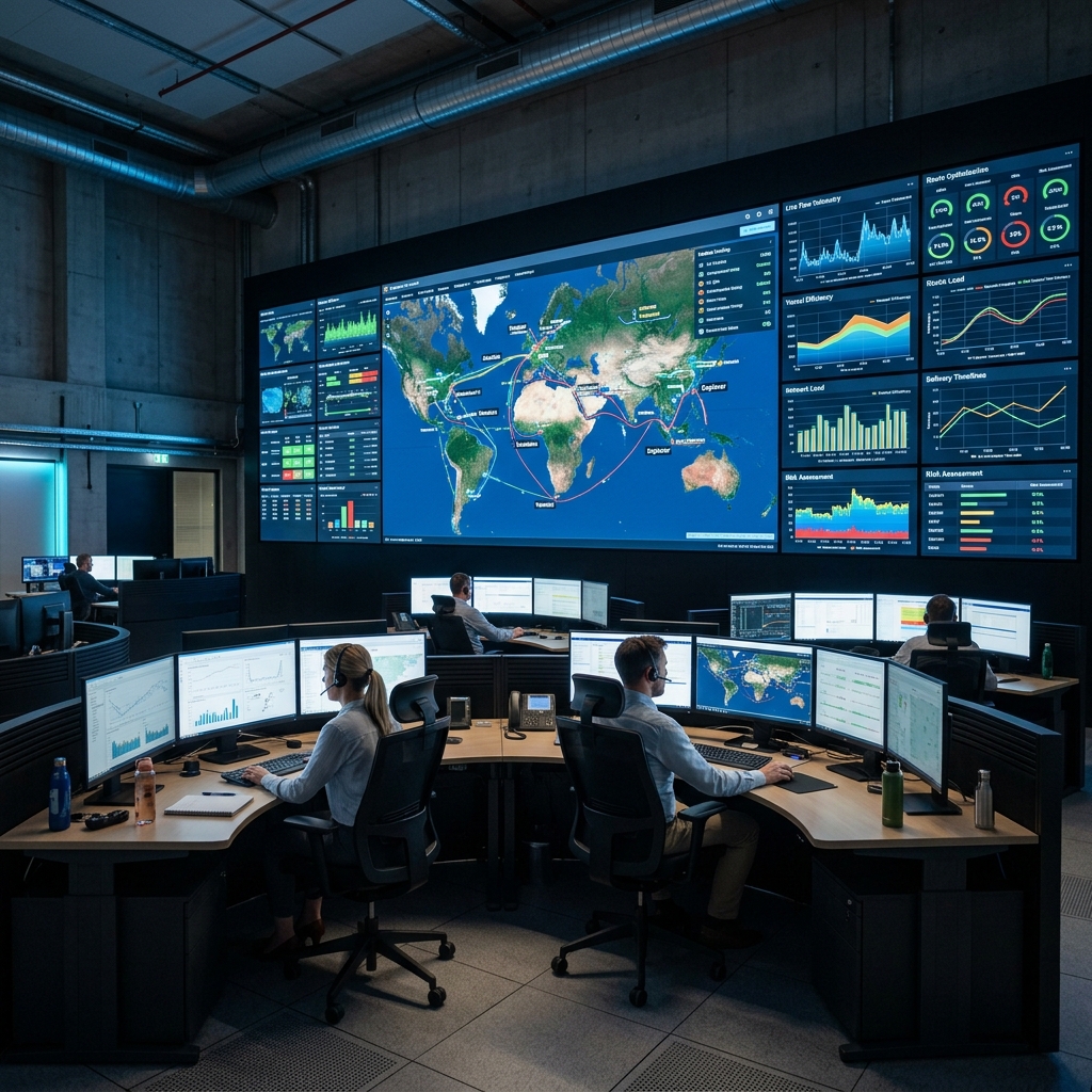 High-tech logistics control room interior displaying maps and vehicle telemetry